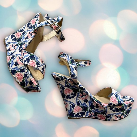 Just Fab Women’s Blue Pink Platform High Heel Floral Wedges Shoes Size 7.5 - Picture 4 of 7